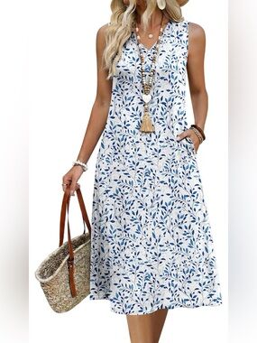 Women’s Blue Leaf Print V-Neck Swim Cover Dress